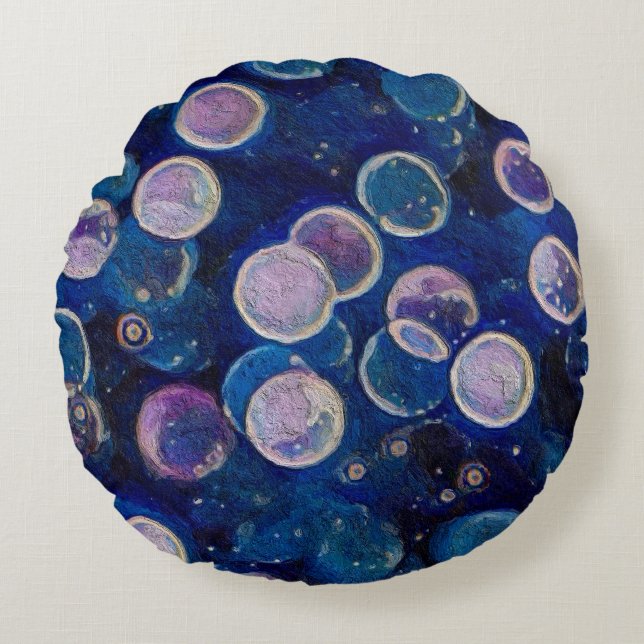 Blue Cosmic Orbs Round Cushion (Front)