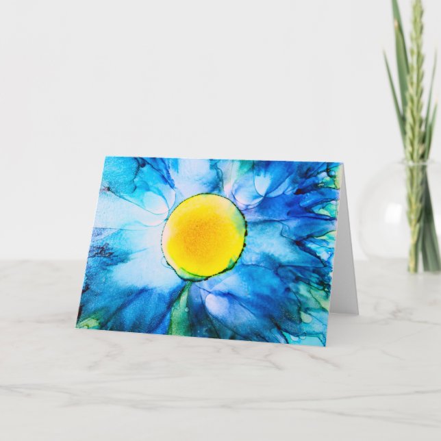 Blue Cosmo Flower Alcohol Ink Painting Card (Front)