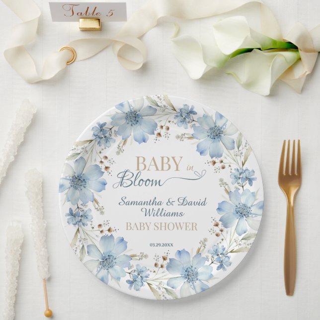 Blue Cosmos Floral Baby in Bloom Baby Shower Paper Plate (Wedding)