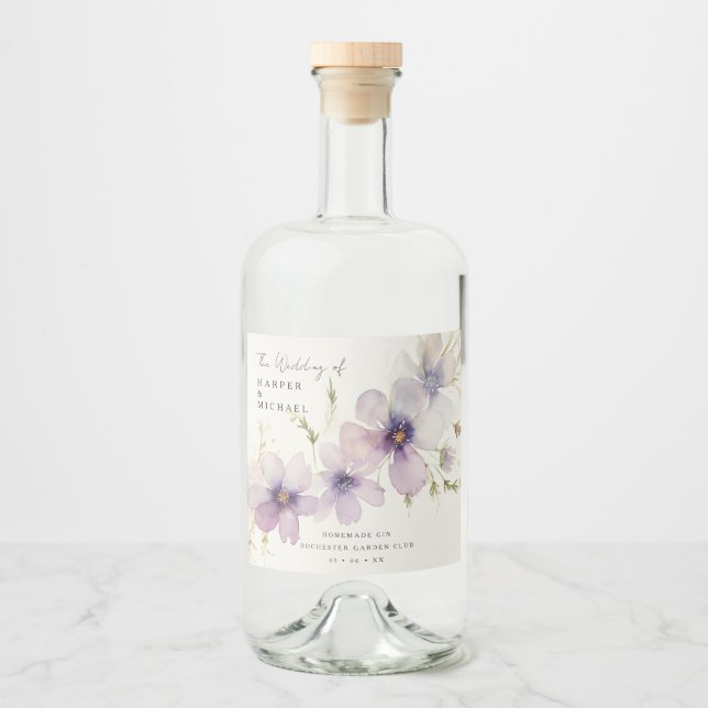 Blue cosmos flowers personalised wedding liquor bottle label (Front)