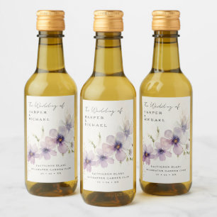 Blue cosmos flowers personalised wedding wine label