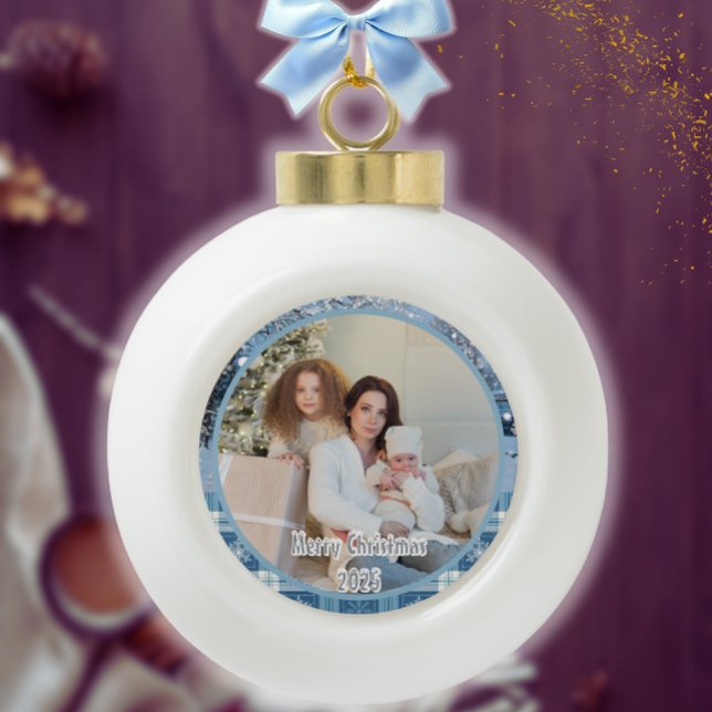 Blue Cosy Plaid Snowy Winter Photo   Ceramic Ball Christmas Ornament (Creator Uploaded)