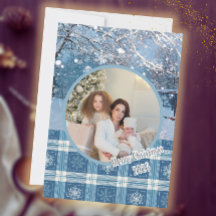 Blue Cosy Plaid Snowy Winter Photo Christmas