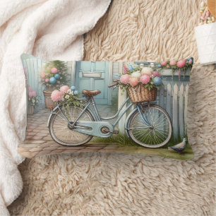 Blue Cottage Bike with Spring Flower Basket Lumbar Cushion