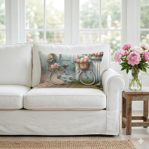 Blue Cottage Bike with Spring Flower Basket Lumbar Cushion