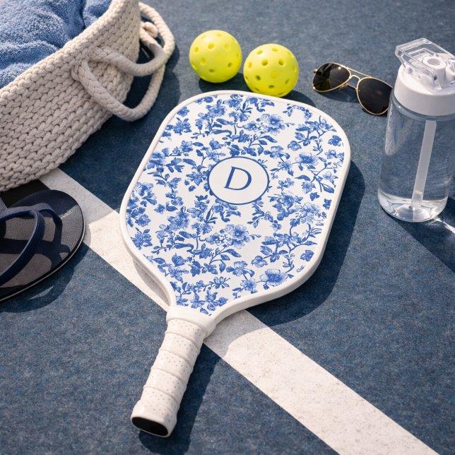 Blue Country Floral Monogram  Pickleball Paddle (Creator Uploaded)