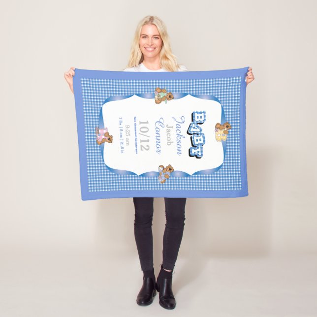 Blue Country Plaid with Baby Bears Fleece Blanket (In Situ)