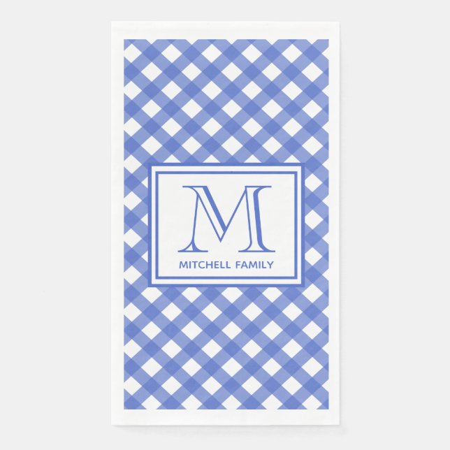 Blue Country Style Gingham Pattern Monogrammed Napkin (Front)