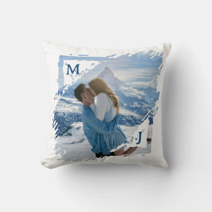 Blue Couple Photo Keepsake First Christmas Engaged Cushion