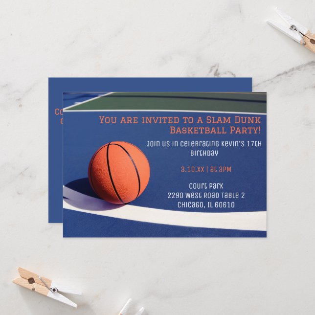 Blue court basketball birthday invitations (Front/Back In Situ)
