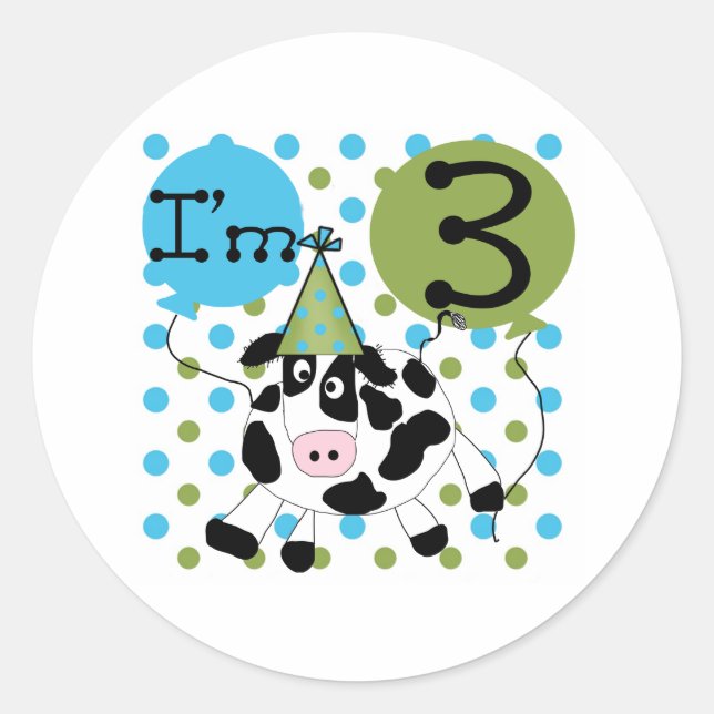 Blue Cow 3rd Birthday Classic Round Sticker (Front)