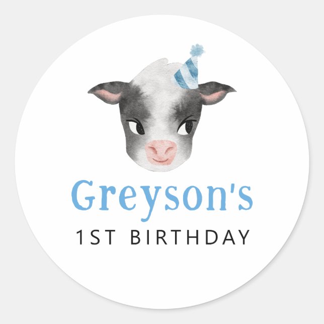 Blue Cow Birthday Party Favour  Classic Round Sticker (Front)