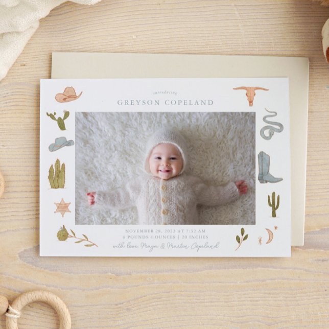 Blue Cowboy Baby Photo Birth Announcement (Creator Uploaded)