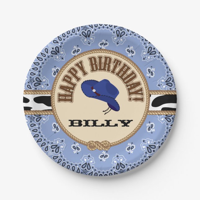 Blue Cowboy Birthday, Customisable Plates (Front)