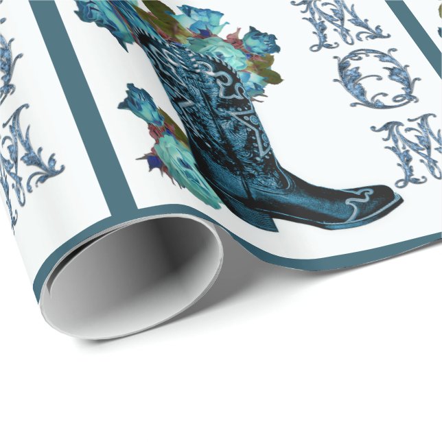 Blue Cowboy Boot With Flowers MOM Gift Wrap (Roll Corner)