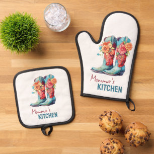 Blue Cowboy Boots & Flowers Oven Mitt & Pot Holder Set