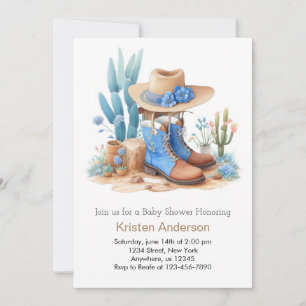 Blue Cowboy Boots Watercolor Baby Shower Invitation