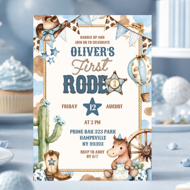 Blue Cowboy Boy First Rodeo Birthday Invitation (Creator Uploaded)