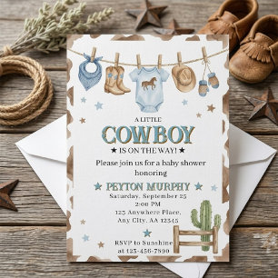 Blue Cowboy Clothesline   Baby Boy Shower Invite