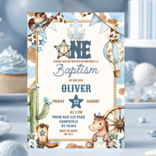 Blue Cowboy First Baptism & Rodeo Party Invitation