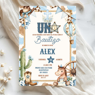 Blue Cowboy Spanish Uno Baptism & First Rodeo Invitation