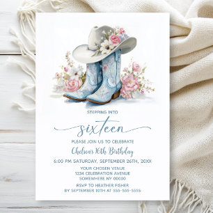 Blue Cowgirl Boots and Hat 16th Birthday Party Invitation