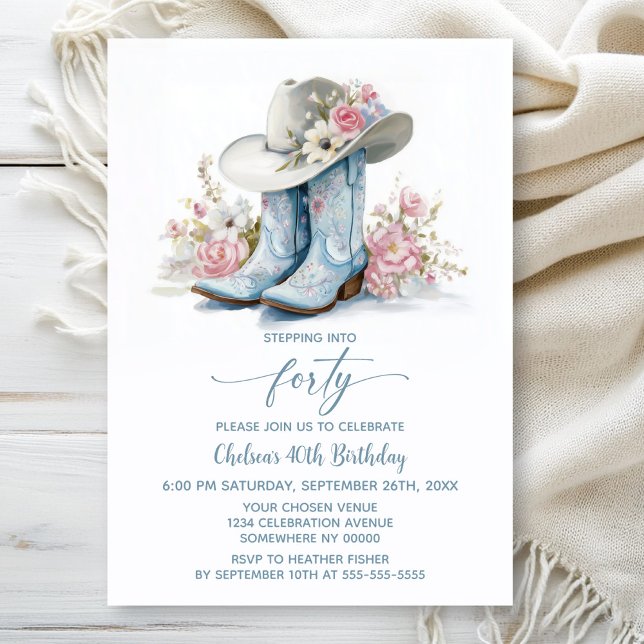 Blue Cowgirl Boots and Hat 40th Birthday Party Invitation (Creator Uploaded)