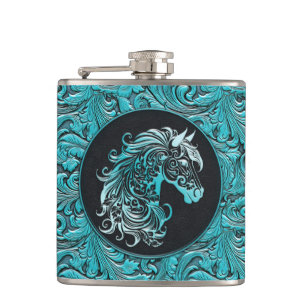 Blue cowgirl floral tooled leather horse head hip flask