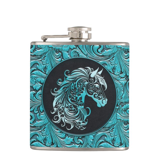 Blue cowgirl floral tooled leather horse head hip flask (Front)