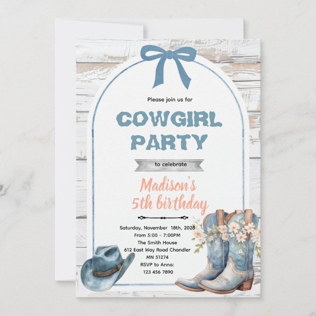 Blue cowgirl party invitation (Front)