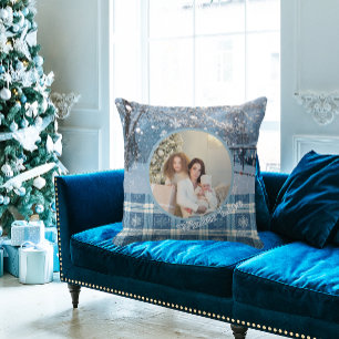 Blue Cozy Plaid Snowy Winter Photo Christmas  Cushion
