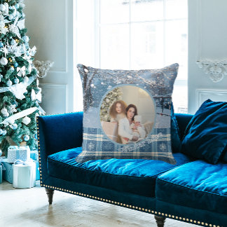 Blue Cozy Plaid Snowy Winter Photo Christmas Cushion