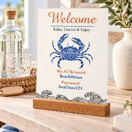 Blue Crab Beach House Wi-Fi Welcome Acrylic Sign