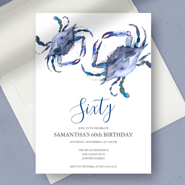 Blue Crab Boil 60th Birthday  Invitation (60th birthday invitations watercolor blue crab art by Victoria Grigaliunas Do Tell A Belle)