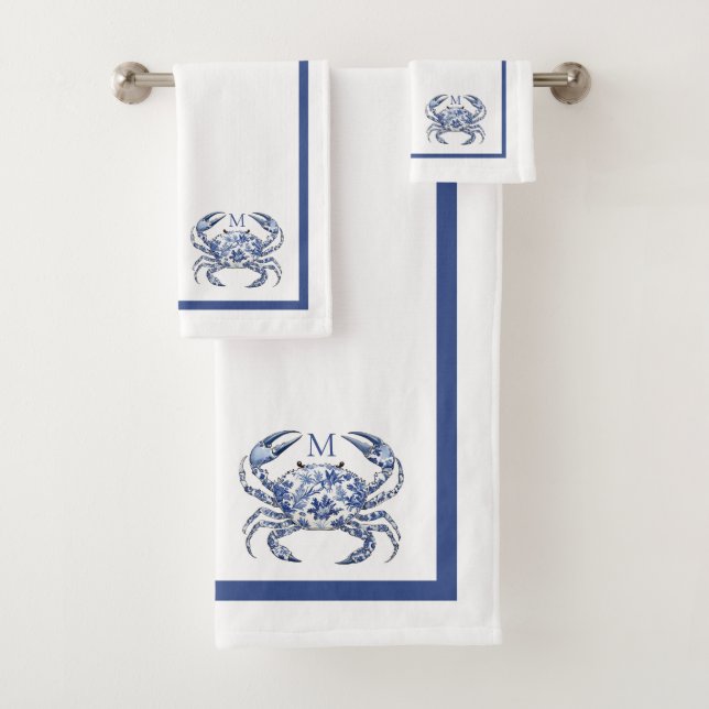 Blue Crab Coastal Nautical Monogram Bath Towel Set (Insitu)
