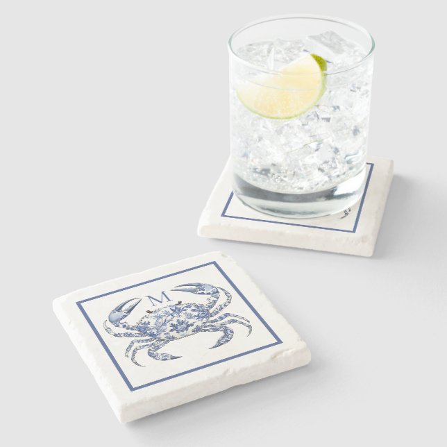 Blue Crab Coastal Nautical Monogram Stone Coaster (Side)