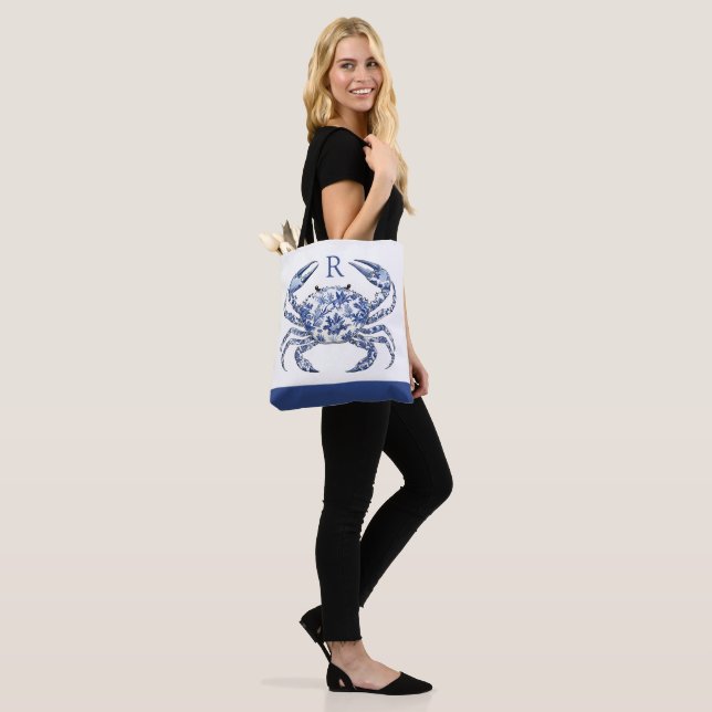 Blue Crab Coastal Nautical Monogram Tote Bag (On Model)