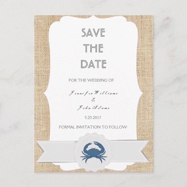 Blue Crab Destination Wedding Save the Date Cards (Front)