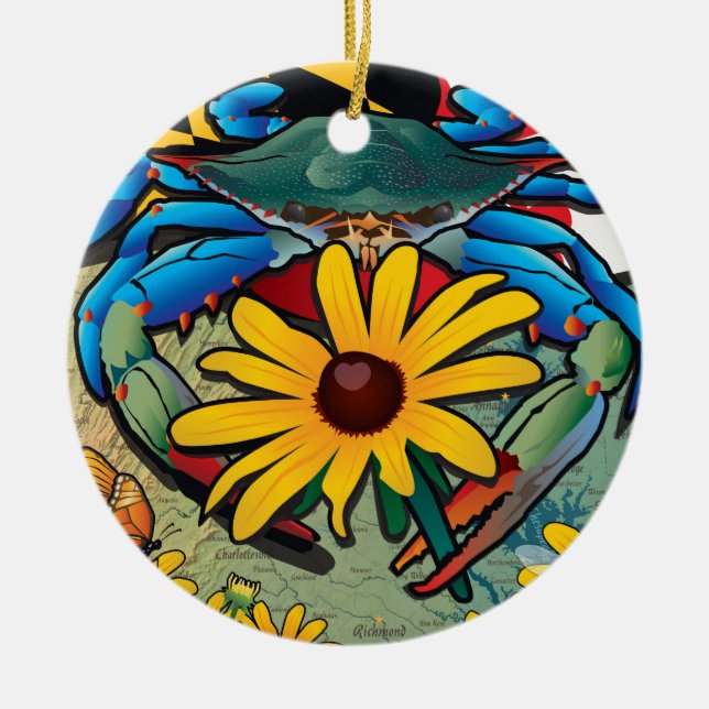 Blue Crab Maryland Black-eyed Susan Ceramic Ornament (Front)