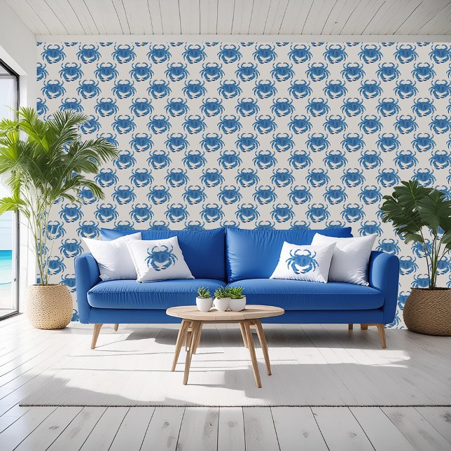 Blue crab nautical beach wallpaper (Blue crab wallpaper. Perfect for ocean beach house and nautical crustacean themed interiors.)