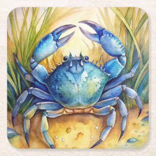Blue Crab on a Beach Square Paper Coaster