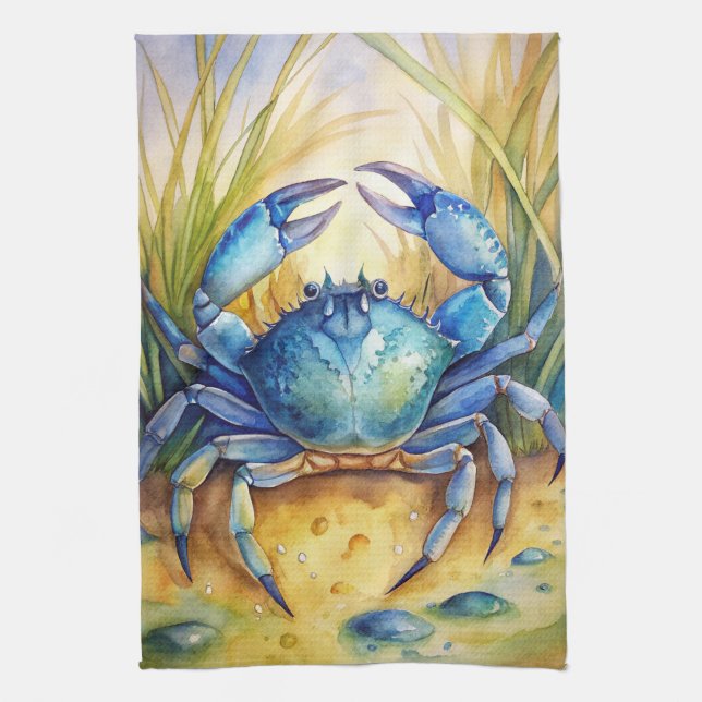 Blue Crab on a Beach Tea Towel (Vertical)