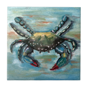 Blue Crab on Blue Ceramic Tile
