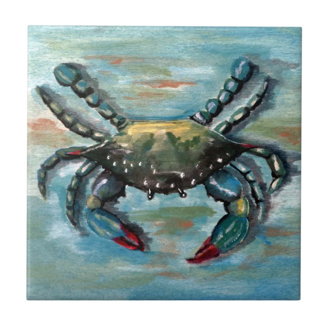 Blue Crab on Blue Ceramic Tile (Front)