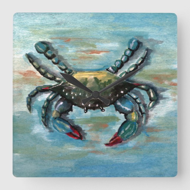 Blue Crab on Blue Square Wall Clock (Front)