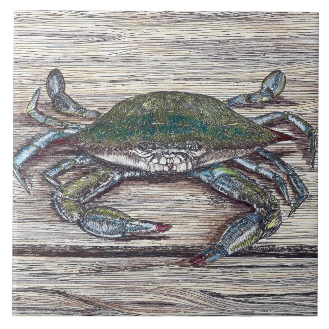 Blue Crab on Dock Ceramic Photo Tile (Front)