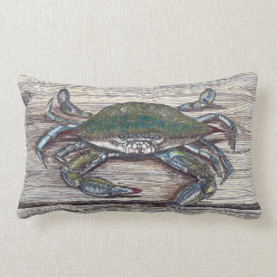 Blue Crab on Dock Lumbar Throw Pillow