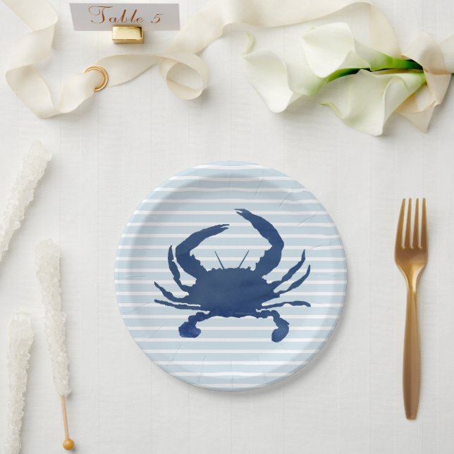 Blue Crab Painting Stripe Paper Plates (Wedding)