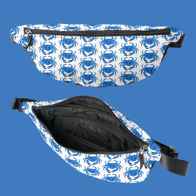 Blue Crab Pattern Bum Bags (Blue crab nautical fanny pack on white background.)