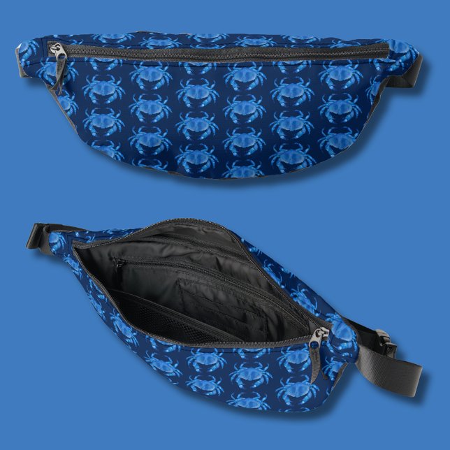 Blue Crab Pattern Bum Bags (Navy blue coastal crab fanny pack.)